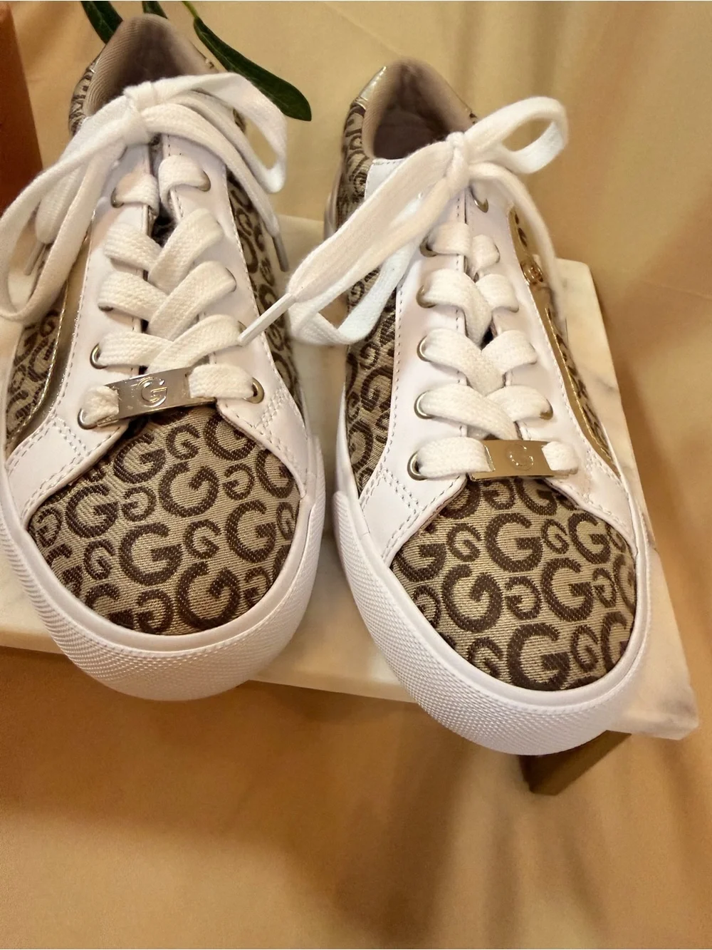 GuessCasual Monogram Lace-Up Sneakers - White & Brown